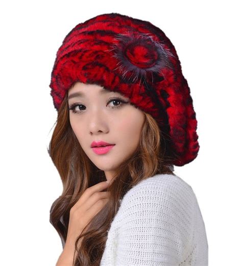 women s winter rex rabbit fur beret hat with fur flower red ce12nr6nbhj