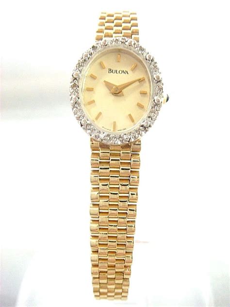 14k Womens Bulova Gold Watch Vintage Style With Diamonds 1850824536