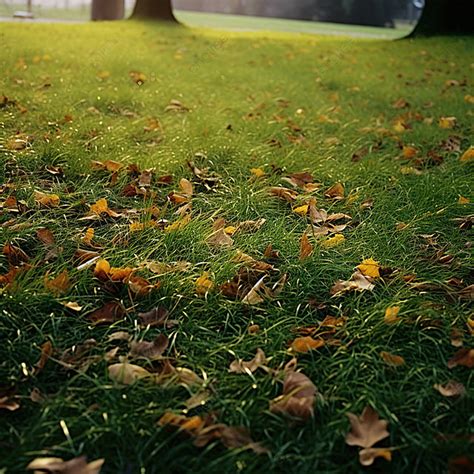 Autumn Leaves Falling Onto A Large Green Grass Background Autumn Season Fallen Leaves