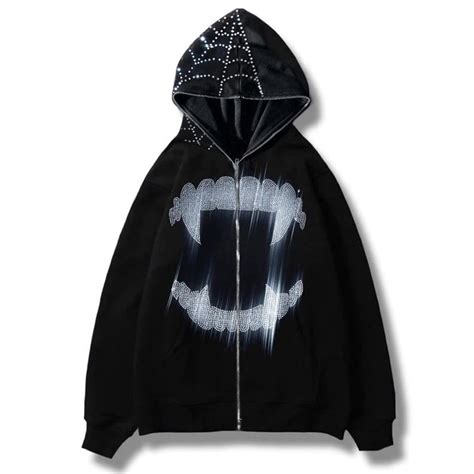 Vampire Fangs Rhinestone Y2k Full Zip Up Hoodie Oversized Etsy