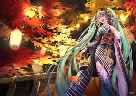 Autumn Hatsune Miku Japanese Clothes Kimono Long Hair Mt Ringofive Twintails Vocaloid