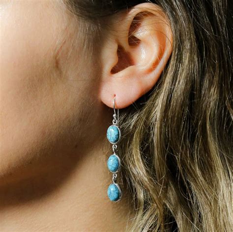 Sterling Silver Triple Turquoise Dangly Oval Earrings By Martha Jackson
