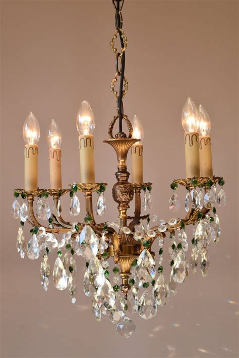 Antique French Vintage Crystal Chandelier 6 Arm Brass Lighting Fixture