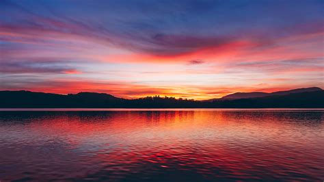 Download Wallpaper 1920x1080 Lake Sunset Horizon Sky Trees Twilight Full Hd Hdtv Fhd