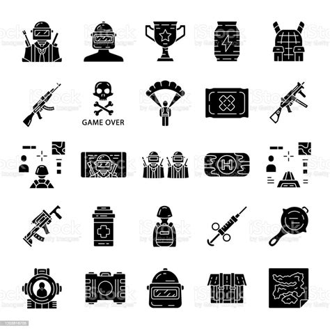 Online Game Inventory Glyph Icons Set Virtual Video Game Shooter From