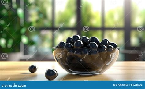 Pitted Black Olives In Bowl On Kitchen Table Generative Ai Stock Image