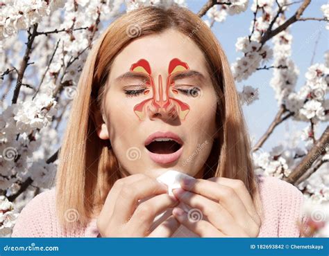 Woman Sneezing And Suffering From Runny Nose As Allergy Symptom Sinuses Illustration Stock