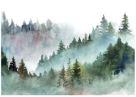Watercolor Pine Forest Mountains In The Fog Art Print By Taranealarts