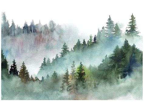 I really like the simple yet beautiful color palette. Watercolor Pine Forest Mountains in the Fog Art Print by ...