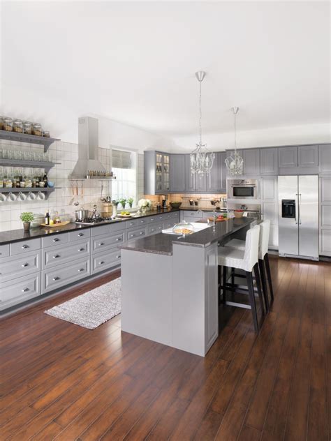 Transitional Gray Kitchen With Elegant Chandeliers Hgtv