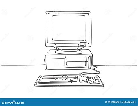 Single Continuous Line Drawing Of Retro Old Classic Personal Computer