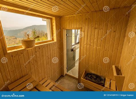 Wooden Sauna With Seats Accessories Interior Of Sauna Spa Stock Image