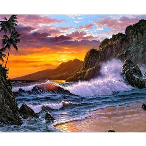5d Diy Diamond Painting Landscape Sunset Beach Resin Diamond Painting