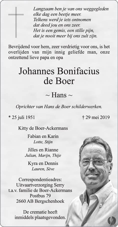 De werkgeversorganisatie meldt dat de boer overleed aan de gevolgen van een hersenbloeding, enkele dagen geleden. Johannes Bonifacius (Hans) de Boer 29-05-2019 ...