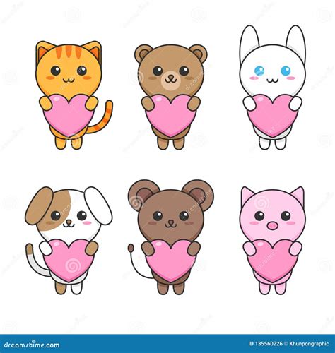 Animals Holding Heart Cute Stock Vector Illustration Of Concept