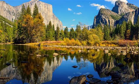 Yosemite Valley Autumn Water River Reflection Trees Firs Hd
