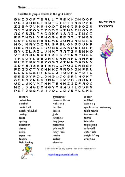 Olympic Events Word Search Worksheet For 3rd 8th Grade