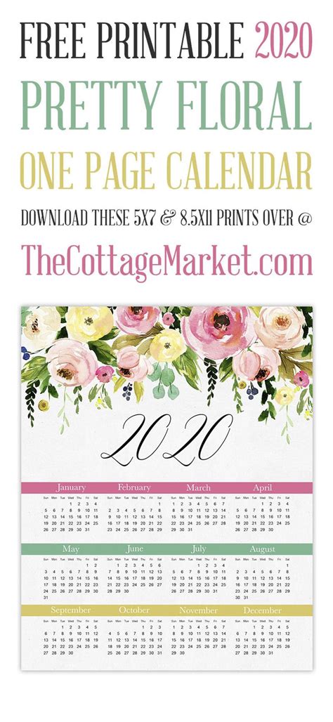 Free Printable 2020 Pretty Floral One Page Calendar The Cottage