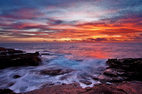 Hd Wallpaper Sea And Orange Cloudy Sky Sunset Clouds Rocks Surf