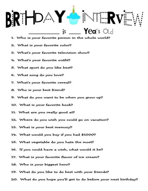 Kids Birthday Interview Questions With Printable Kids