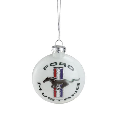 325 White Ford Mustang Logo Collectible Glass Christmas Ornament