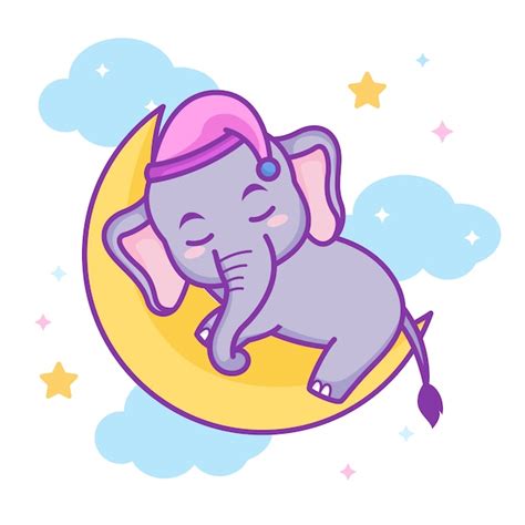 Lindo Bebé Elefante Durmiendo En La Luna Creciente Vector Premium