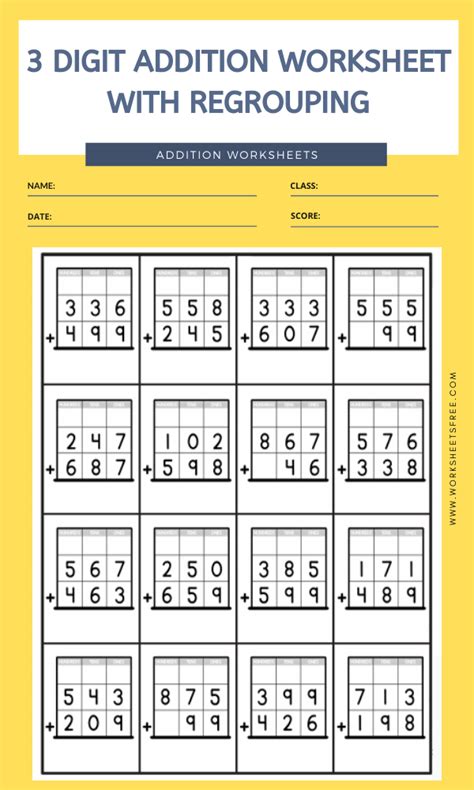 3 Digit Addition Worksheet With Regrouping 5 Worksheets Free