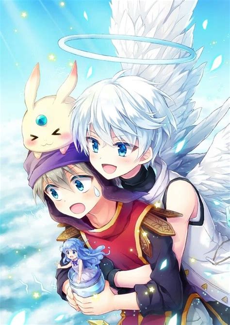 Two Anime Characters Hugging Each Other In Front Of Blue Sky With White