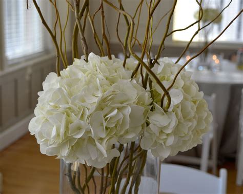 The Always Elegant Hydrangea Partnered With Curly Willow In A Tall Cylinder Vase Tall Cylinder