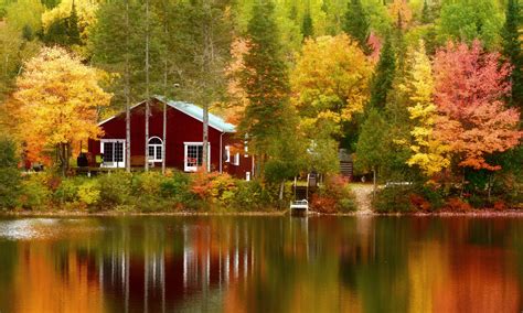 House On Autumn Lake In Quebec Fond Décran Hd Arrière Plan
