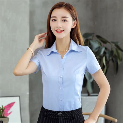 Summer Women Office Work Ol Wear Slim Blouses Shirt Lady Girsl Short Sleeve Button Decor Turn
