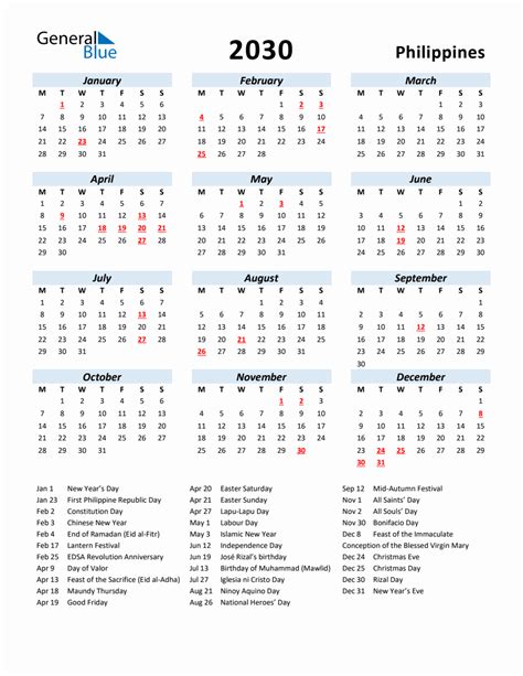 2030 Yearly Calendar For Philippines With Holidays