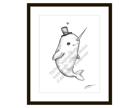 Fat Little Narwhal Sketch Drawing Illustration 85 X 11 Etsy