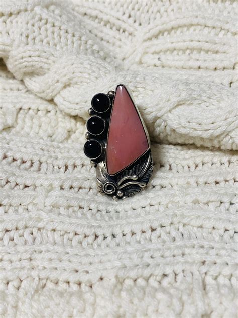 Navajo Lydia Begay Signed Sterling Silver Pink Coral And Black Onyx