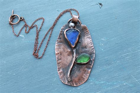 Sea Glass Necklace Seaglass Necklace Flower Necklace Copper Etsy
