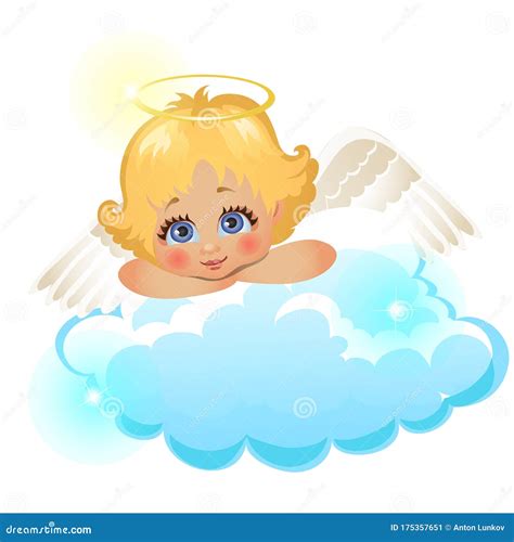 Animated Cute Little Angel Lying On A Cloud Isolated On White