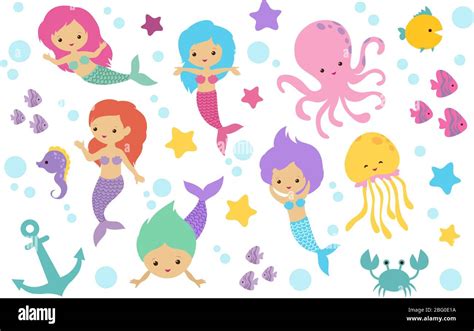 Cute Cartoon Mermaids Sea Animals And Ocean Life Objects Vector Set
