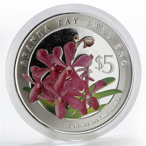 Singapore 5 Dollars Flowers Aranda Tay Swee Eng Colored Silver Proof