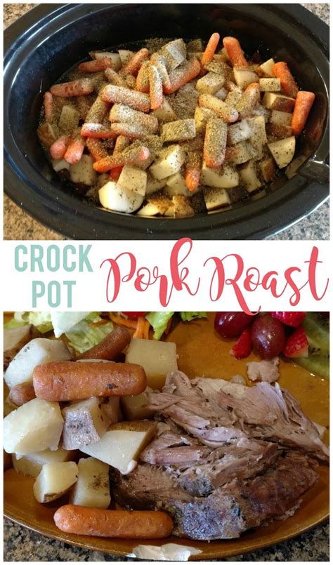 This easy slow cooker pot roast needs only five common ingredients plus water—you can even substitute vegetables you have on hand or omit them altogether. Crock Pot Pork Roast | Sunshine and Munchkins