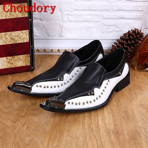 Designer Shoes Men Black And White Studded Mens Pointed Toe Dress Shoes