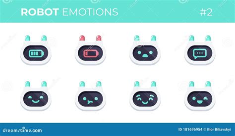 Robot Emotions Set Cute Robots Head Avatar Chat Bot With Different