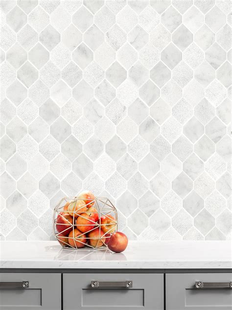 White Geometric Marble Backsplash Tile Modern Look Marble Tile Backsplash Patterns