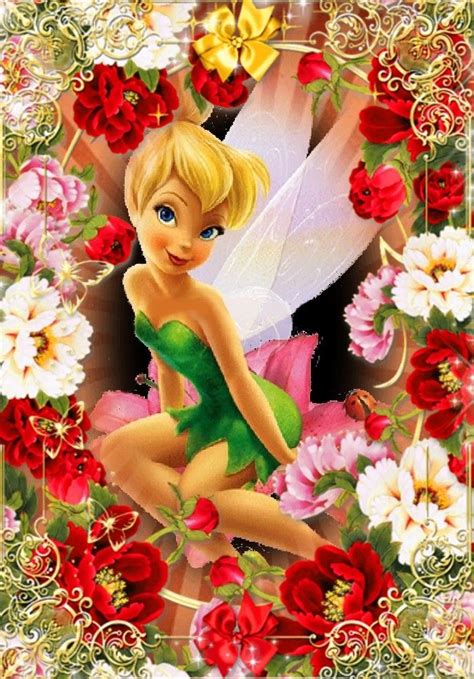 the tinkerbell fairy is sitting in front of flowers