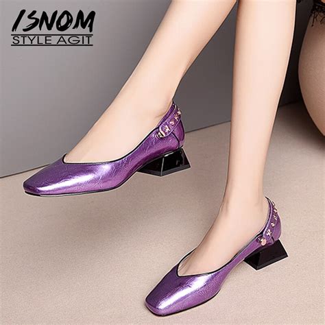 Isnom Patent Leather Pumps Women Square Toe Footwear Low Heels Shoes