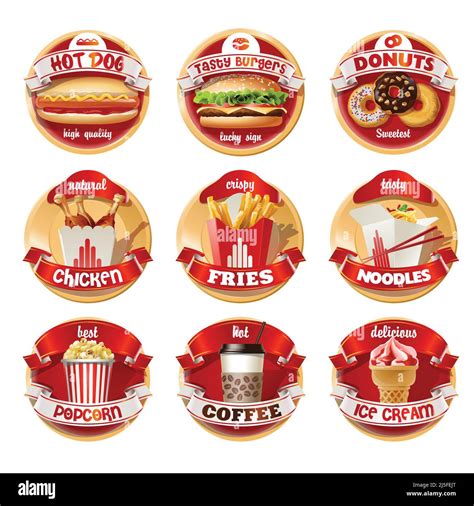 Vector Set Of Fast Food Logos Stickers Made In A Realistic Style
