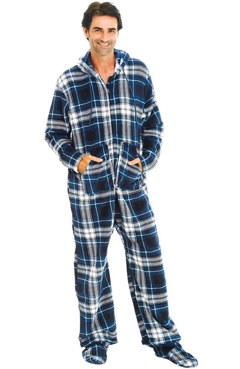 Blue On White Plaid Footed Onesies Pajamas Hooded Men Xx Large Pajamacity