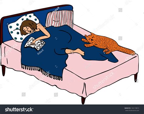 Sleeping Woman With Sleeping Cat Hand Drawn Illustration