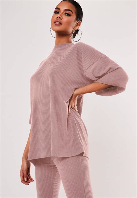 Pink Ribbed Oversized T Shirt And Leggings Co Ord Set | Missguided Ireland