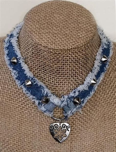 Denim Choker Necklace Handmade From Recycled Blue By Missthread Denim