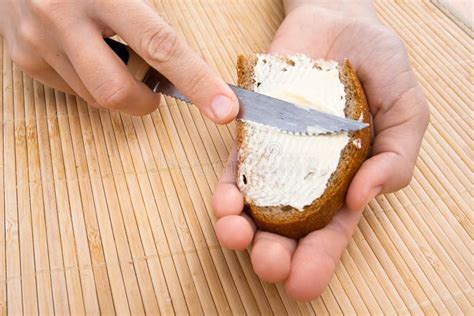Hands Spreading Butter On Piece Of Bread Stock Image Image Of Fresh